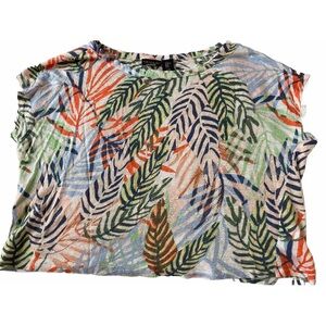 Tahari Women’s XL Linen Boxy Tropical Palm Multicolored Tee Shirt Blouse Beachy